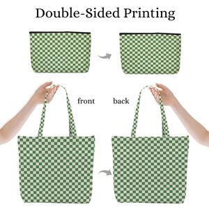 Green Checkered Tote Bag With Cosmetic Bag Great For Travel Beach Work